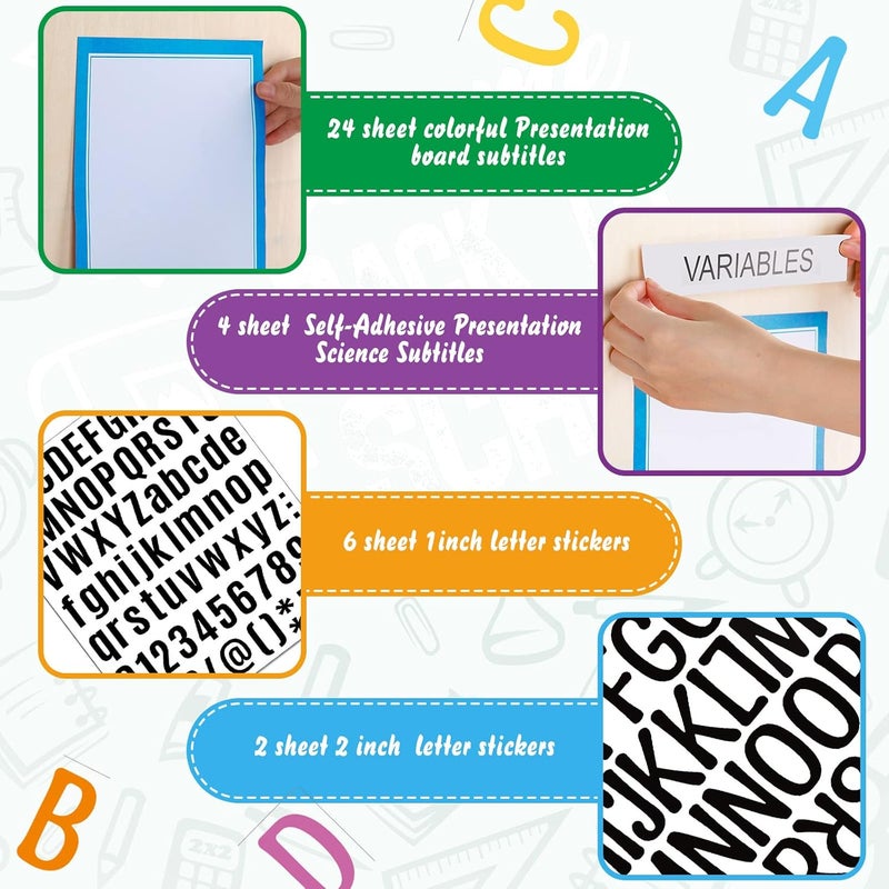 PerKoop 36 Sheets Science Fair Board Poster Boards Supplies 24 Self Adhesive Presentation Subtitles 4 Science Fair Project Titles 8 Personalized Letter Sticker for Classroom(Blue) - Image 4